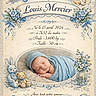 angel_illustration, announcement_card, baby, baby_shoes, birth_announcement, blue_blanket, bunny_plush, cute, decor, floral_decorations, french_text, illustration, newborn, peaceful, portrait, sleeping, soft_background, swaddled, teddy_bear, vintage_style