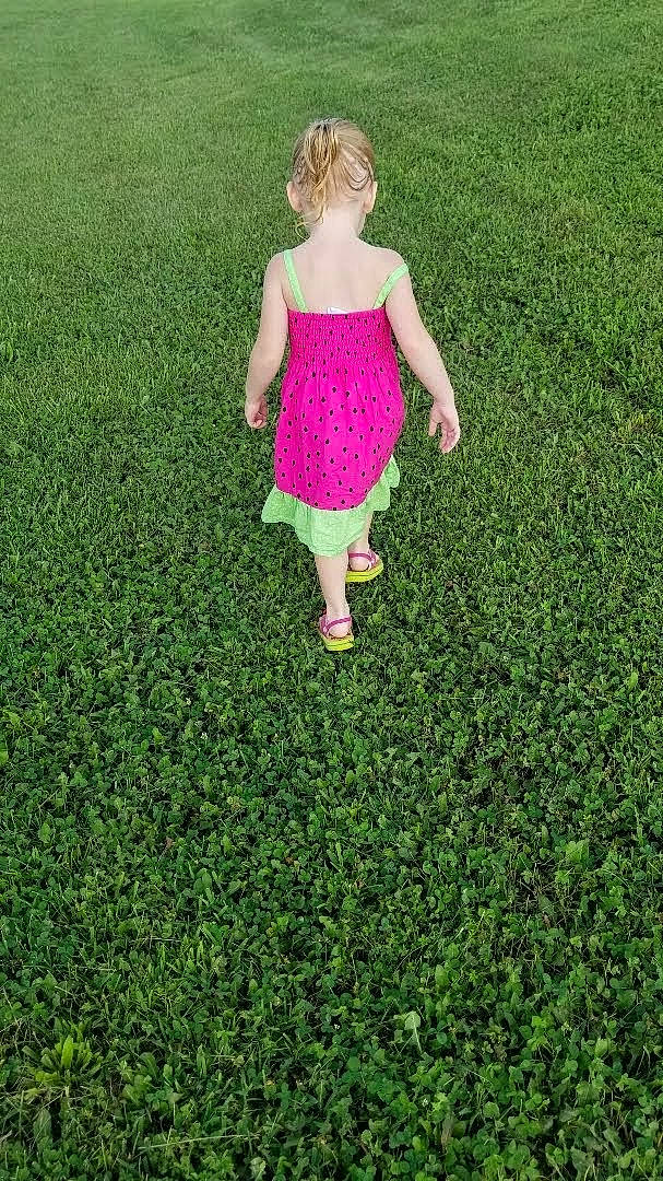 Audra is registered to the contest to win money with this photo: agriculture, field, fun, gesture, grass, grass_family, grassland, groundcover, happy, human_leg, lawn, meadow, pasture, people_in_nature, person, plant, recreation, shrub, t_shirt, toddler