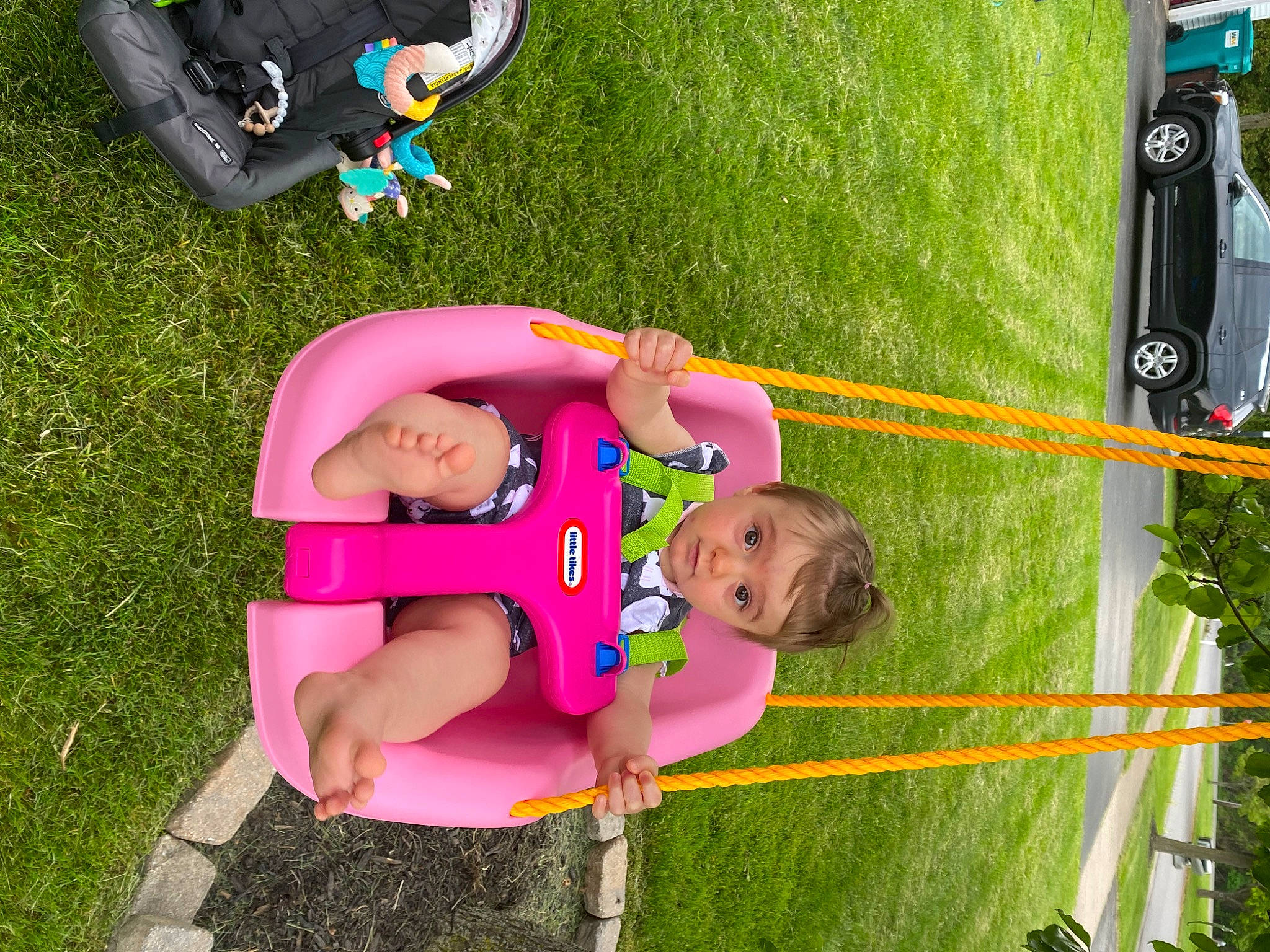 Mackenzie joined the competition — help win amazing prizes! baby_toddler_clothing, chair, child, fun, grass, green, happy, hat, lawn, leisure, magenta, person, pink, plant, play, product, recreation, shorts, toddler, tree