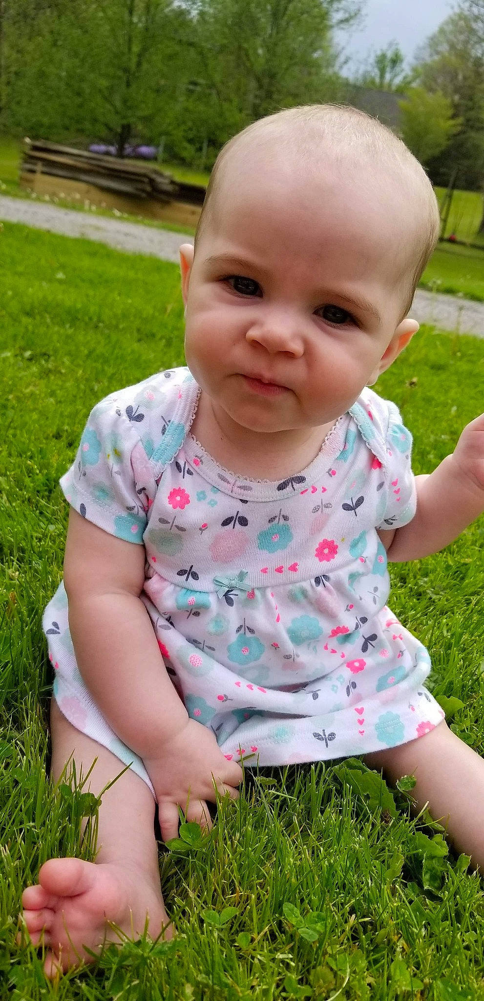 Hazel is registered to the contest to win money with this photo: baby, baby_toddler_clothing, cheek, child, face, facial_expression, grass, grass_family, head, lawn, meadow, person, plant, play, sitting, skin, smile, summer, toddler