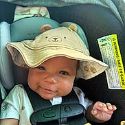 Julien joined the competition — help win amazing prizes! baby, car_seat, hat, smile, child, infant, seatbelt, cute, bear_design, clothing, closeup, face, headwear, safety, child_safety, seat, infant_clothing, adorable, baby_accessory, portrait