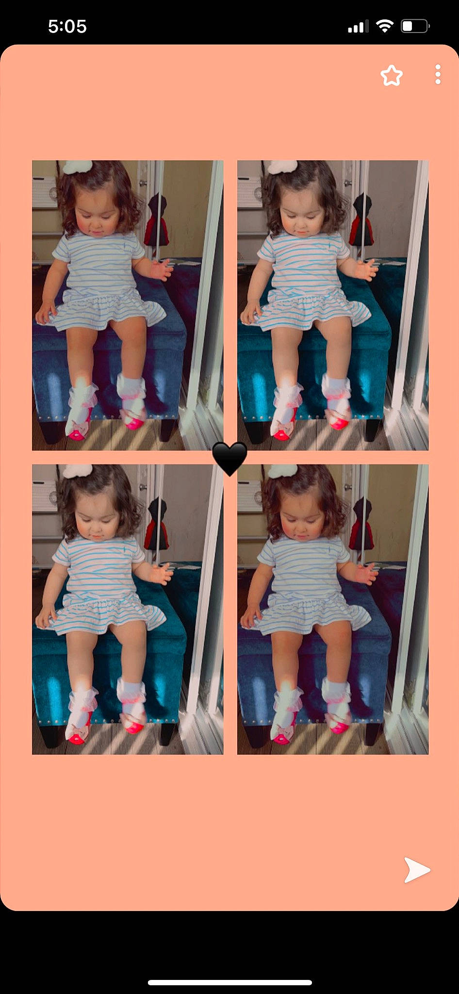 Emma is registered to the contest to win money with this photo: arm, azure, baby_toddler_clothing, blue, clothing, dress, face, facial_expression, fashion, footwear, hand, head, human_body, leg, outerwear, person, photograph, product, purple, shoe