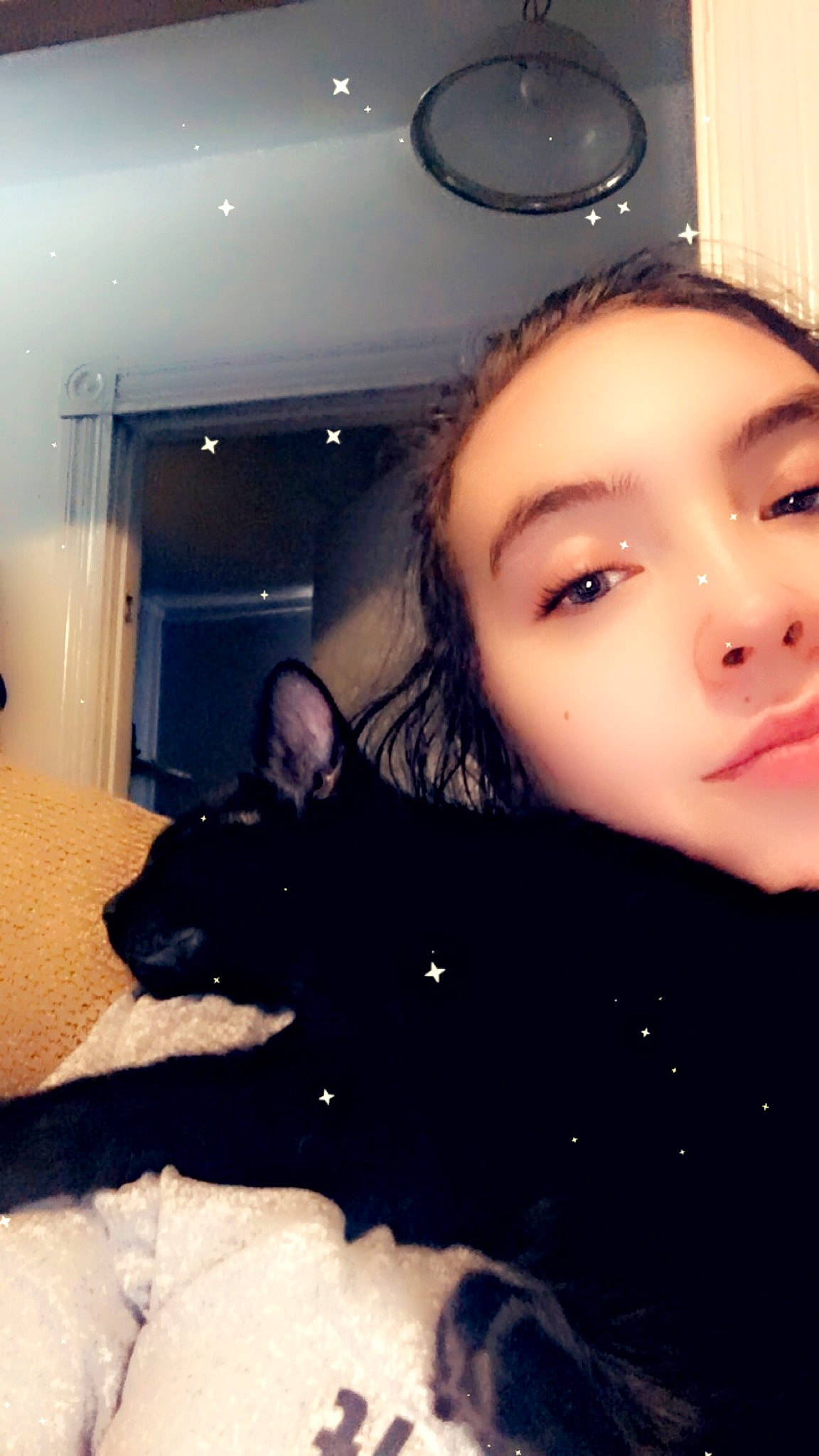 Athena is registered to the contest to win money with this photo: black_hair, comfort, companion_dog, dog_breed, ear, eyelash, eyewear, felidae, fun, happy, jaw, lip, long_hair, mouth, nose, selfie, small_to_medium_sized_cats, smile, tints_and_shades, whiskers