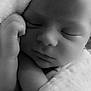 newborn, baby, sleeping, black_and_white, blanket, infant, peaceful, closeup, face, hand, soft, wrapped, portrait, resting, cute, skin, cozy, calm, child, tender