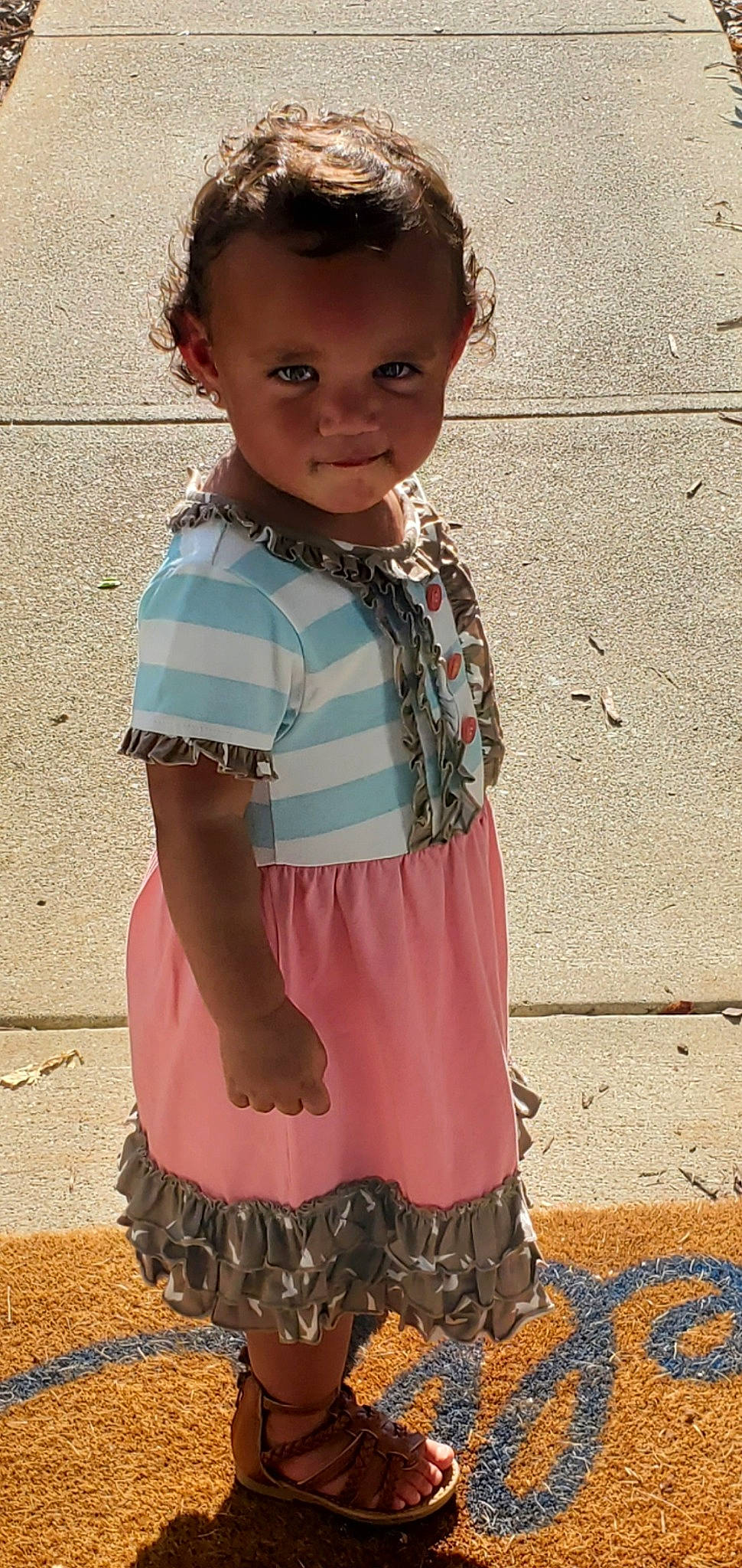 Kaiya is registered to the contest to win money with this photo: baby_toddler_clothing, child, child_model, clothing, dress, pattern, person, pink, ruffle, textile, toddler