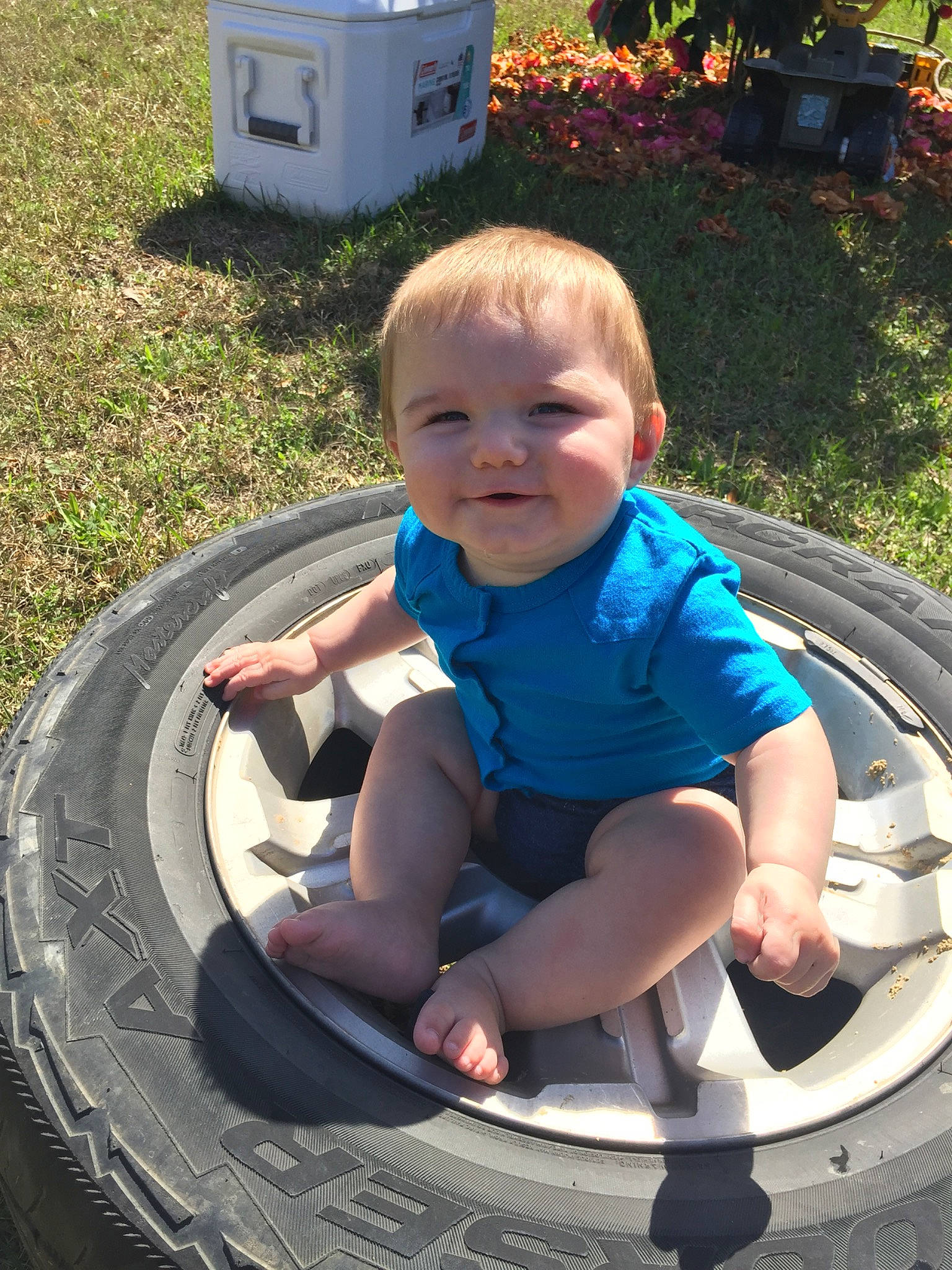 Collin joined the competition — help win amazing prizes! auto_part, automotive_tire, automotive_wheel_system, baby, baby_products, child, fun, joy, leisure, person, play, product, recreation, rim, sitting, smile, summer, tire, toddler, vacation