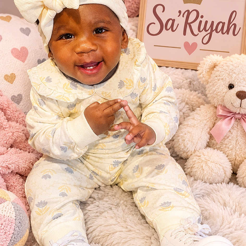 Sariyah is registered to the contest to win money with this photo: baby, child, infant, smiling, portrait, sitting, bow_headband, curly_hair, onesie, sneakers, teddy_bear, stuffed_animal, blanket, plush, pastel, hearts, nursery, name_sign, indoor, studio_photography