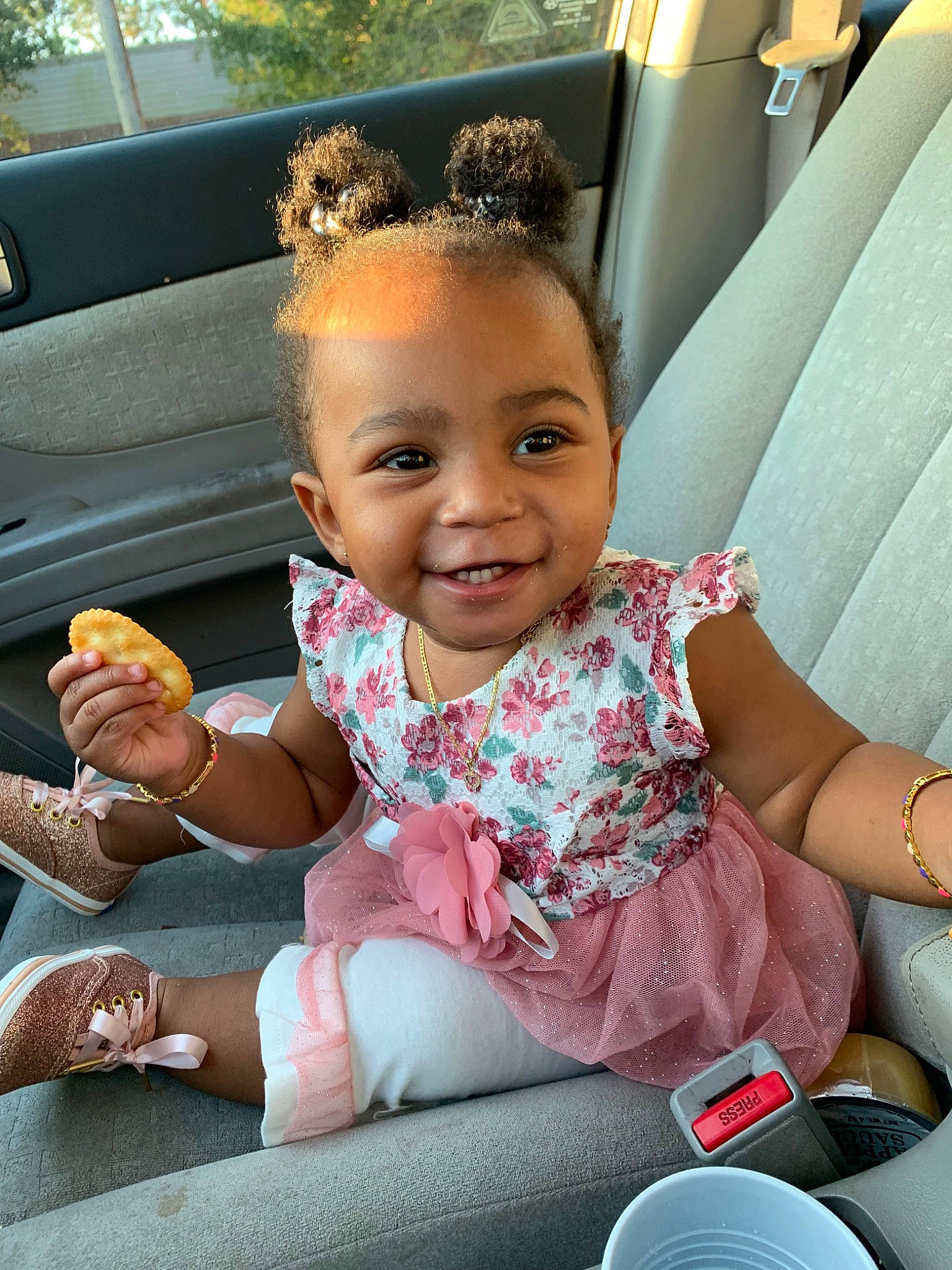 Amia joined the competition — help win amazing prizes! baby, car, car_seat, child, daughter, face, family_car, finger, joy, person, sitting, skin, smile, technology, toddler, vacation, vehicle