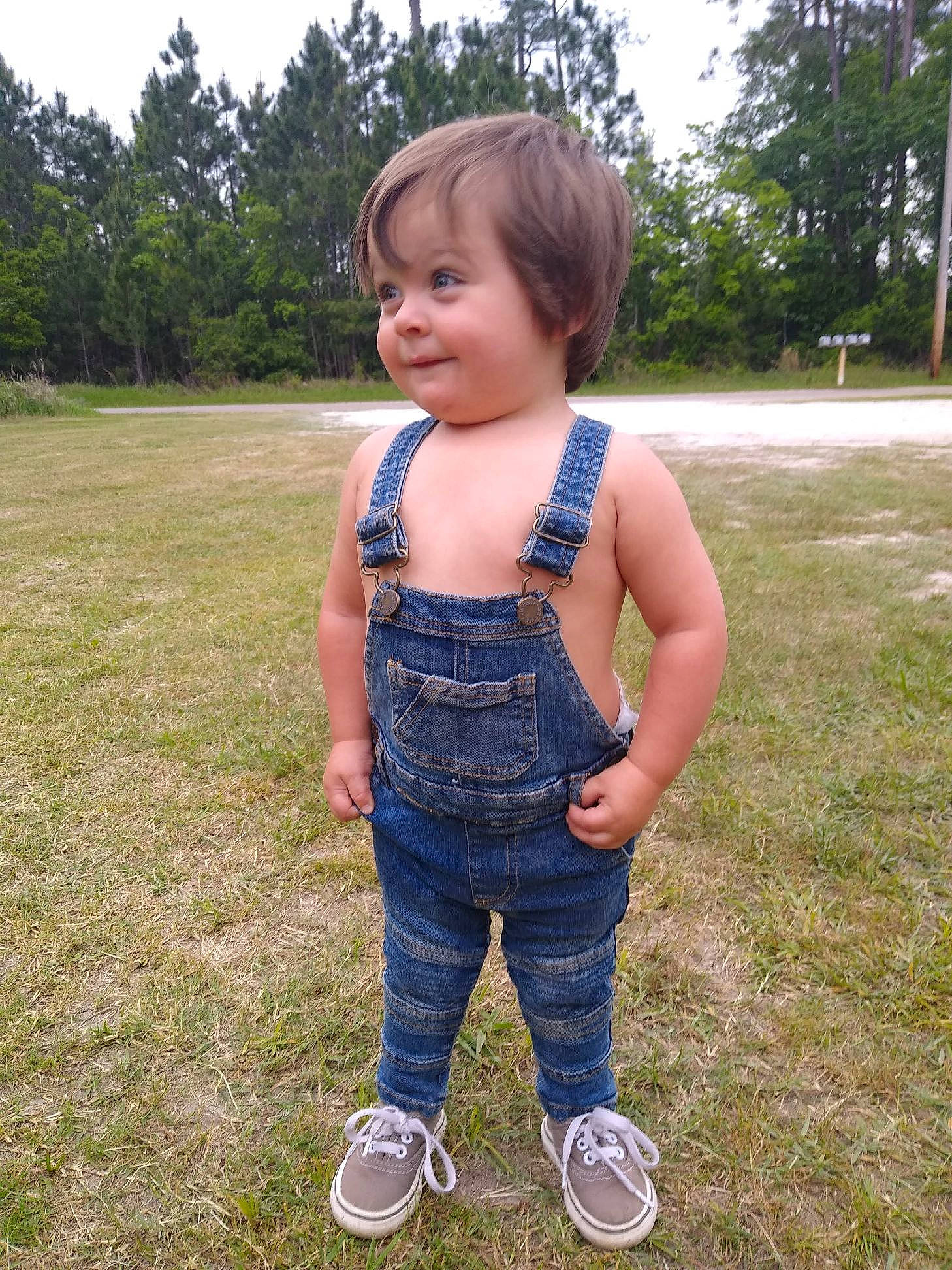Cj is registered to the contest to win money with this photo: child, denim, grass, jeans, joy, overall, person, smile, summer, t_shirt, toddler, vacation