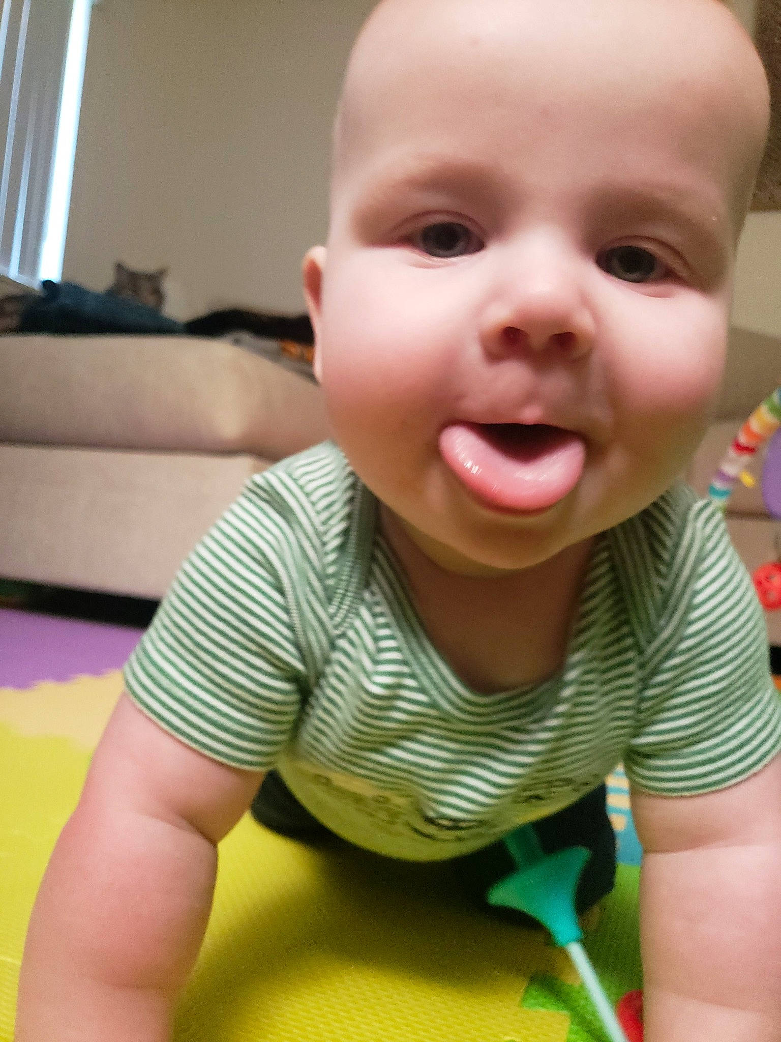 Finnegan is registered to the contest to win money with this photo: baby, baby_laughing, cheek, child, chin, face, facial_expression, fun, head, lip, mouth, nose, person, play, skin, smile, toddler, tummy_time