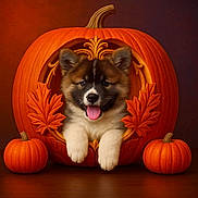 Storm is registered to the contest to win money with this photo: animal, autumn, background, carving, cute, decor, dog, fall, festive, holiday, leaf, orange, pet, portrait, pumpkin, puppy, smiling, still_life, tongue_out, wood