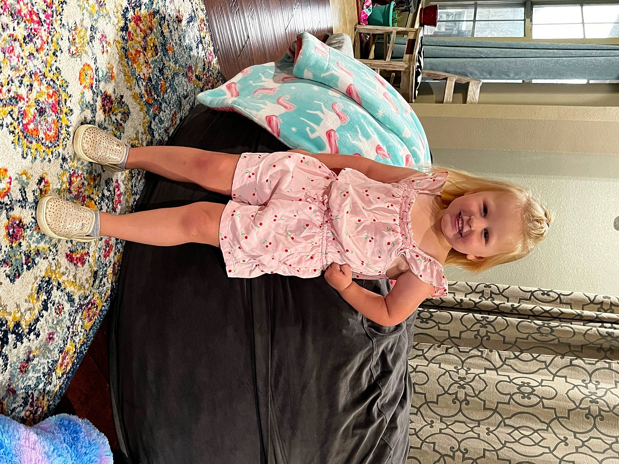Addy joined the competition — help win amazing prizes! child, fashion_design, fun, happy, hat, human_leg, joy, leisure, linens, pattern, person, room, shelf, smile, toddler, visual_arts