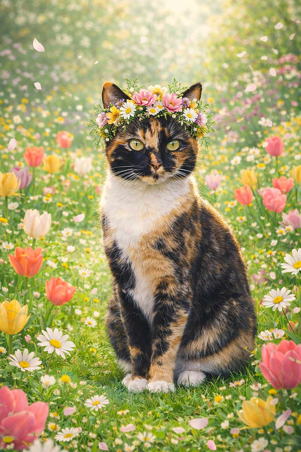 Callie is registered to the contest to win money with this photo: cat, calico_cat, flower_crown, flowers, tulips, daisies, grass, meadow, nature, outdoor, pet, animal, spring, greenery, sunlight, sitting, portrait, cute, floral, peaceful