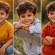 Leam is registered to the contest to win money with this photo: child, boy, smile, portrait, outdoor, casual_clothing, yellow_shirt, striped_shirt, hoodie, wooden_fence, happy, young, curly_hair, natural_light, triptych, posing, grass, nature, confident, cute