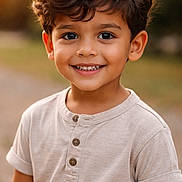 Leam is registered to the contest to win money with this photo: child, boy, smiling, portrait, outdoor, golden_hour, hair, face, eyes, skin, shirt, buttoned_shirt, short_sleeves, happy, cute, young, nature, bokeh, warm_light, casual