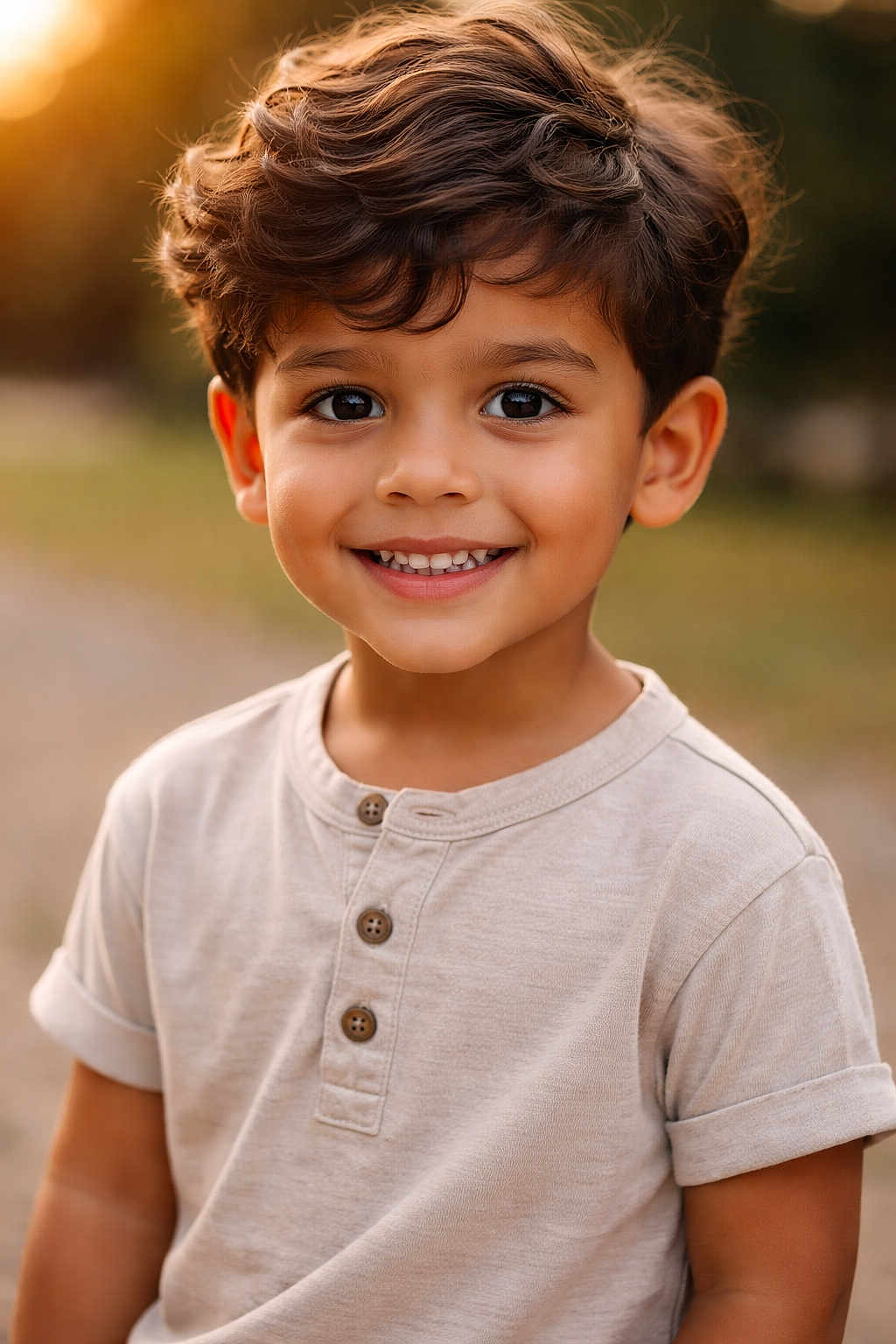 Leam is registered to the contest to win money with this photo: child, boy, smiling, portrait, outdoor, golden_hour, hair, face, eyes, skin, shirt, buttoned_shirt, short_sleeves, happy, cute, young, nature, bokeh, warm_light, casual