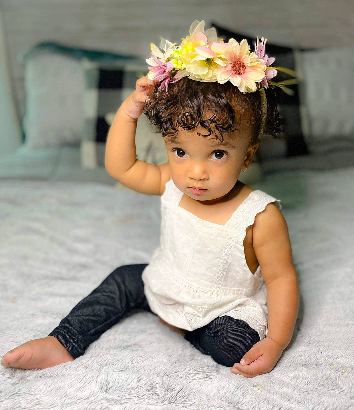 Leighton joined the competition — help win amazing prizes! arm, baby, baby_toddler_clothing, eye, face, facial_expression, flash_photography, flower, flowerpot, hair, hand, happy, head, headpiece, iris, person, petal, pink, plant, skin