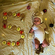 Raphaël a rejoint le concours — aidez-le/la à gagner de superbes lots ! baby, bagels, bear_hat, blanket, celebration, child, cozy, cute, fairy_lights, festive, food, holiday_baubles, indoor, infant, letters, lying_down, mittens, onesie, portrait, soft_lighting