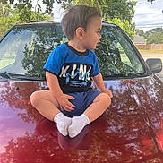 Myles Greco is registered to the contest to win money with this photo: toddler, child, blue_tshirt, white_socks, car, car_hood, outdoor, trees, reflection, sunny, sky, grass, side_view, sitting, casual_clothing, daytime, parked_car, young_child, nature, playful
