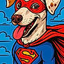 background, blue_suit, cape, cartoon, character, clouds, comic_style, costume, dog, dog_face, ears, happy, illustration, mask, red_cape, smiling, spots, superhero, superman, tongue_out