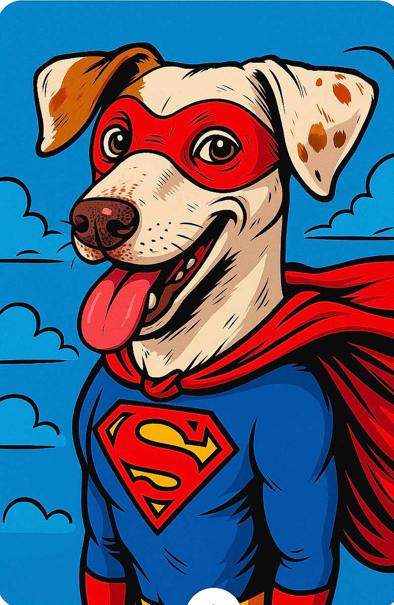 Paco a rejoint le concours — aidez-le/la à gagner de superbes lots ! background, blue_suit, cape, cartoon, character, clouds, comic_style, costume, dog, dog_face, ears, happy, illustration, mask, red_cape, smiling, spots, superhero, superman, tongue_out