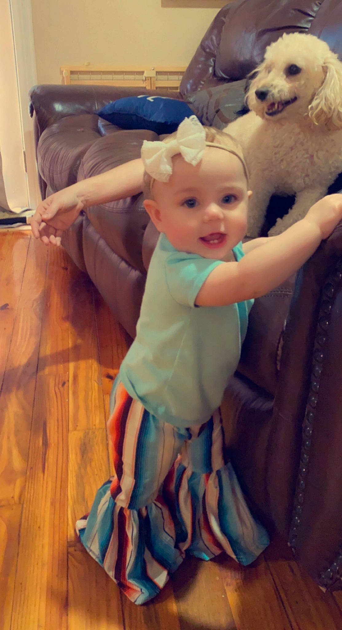 Harlyn joined the competition — help win amazing prizes! baby, baby_toddler_clothing, child, couch, day_dress, event, flooring, fun, gesture, happy, hardwood, head, iris, person, pink, skin, smile, toddler, toy, wood