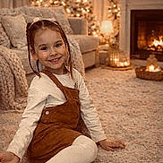 Elena participe au concours pour gagner de l'argent avec cette photo : blanket, braids, brown_dress, carpet, child, christmas_tree, cozy, decorations, festive, fireplace, furniture, girl, holiday, indoor, lamp, living_room, smile, smiling, warm_lighting, white_tights