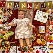 Brynlee is registered to the contest to win money with this photo: baby, child, thanksgiving, autumn, fall, pumpkins, pies, leaves, decorations, blanket, gingham_dress, headband, smile, festive, holiday, cute, lying_down, happy, celebration, seasonal
