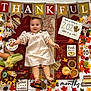 baby, child, thanksgiving, autumn, fall, pumpkins, pies, leaves, decorations, blanket, gingham_dress, headband, smile, festive, holiday, cute, lying_down, happy, celebration, seasonal