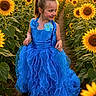 child, girl, blue_dress, sunflower, field, flowers, nature, outdoor, sunset, smile, happy, portrait, flower_bed, sunlight, greenery, dress, ruffles, young, cute, scenic