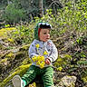 toddler, child, forest, nature, moss, rocks, green_pants, hoodie, dinosaur_hood, yellow_flowers, outdoor, sitting, casual_clothing, curious_expression, daylight, young_child, playful, scenic, flora, leaves