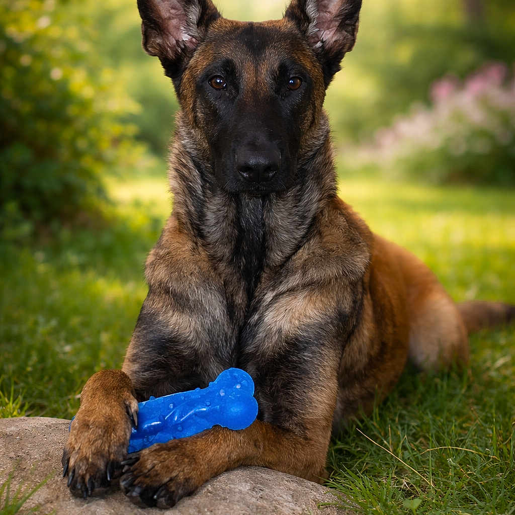Nala participe au concours pour gagner de l'argent avec cette photo : alert, animal, belgian_malinois, blue_bone, bokeh, canine, dog, ears, fur, grass, greenery, lying_down, nature, outdoor, paws, pet, playful, portrait, sunlight, toy