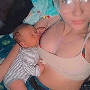 Adrastos joined the competition — help win amazing prizes! baby, belt, blanket, child, comfort, cozy, cuddle, face, glasses, head, home, indoor, jeans, person, portrait, rest, sleeping, striped_clothing, tattoo, woman