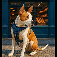Darko a rejoint le concours — aidez-le/la à gagner de superbes lots ! dog, canine, pet, sitting, blue_harness, brown_and_white, side_view, outdoor, daylight, cobblestone_street, storefront, bakery, bread, window, signage, building, leash, alert, ears_up, calm