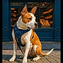 dog, canine, pet, sitting, blue_harness, brown_and_white, side_view, outdoor, daylight, cobblestone_street, storefront, bakery, bread, window, signage, building, leash, alert, ears_up, calm