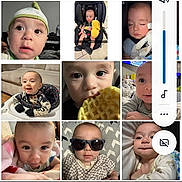 Atlas joined the competition — help win amazing prizes! baby, infant, collage, multiple_faces, child, candid, expression, sleeping, eating, sunglasses, indoor, phone_screenshot, volume_control, cute, portrait, headwear, blanket, clothing, closeup, smiling