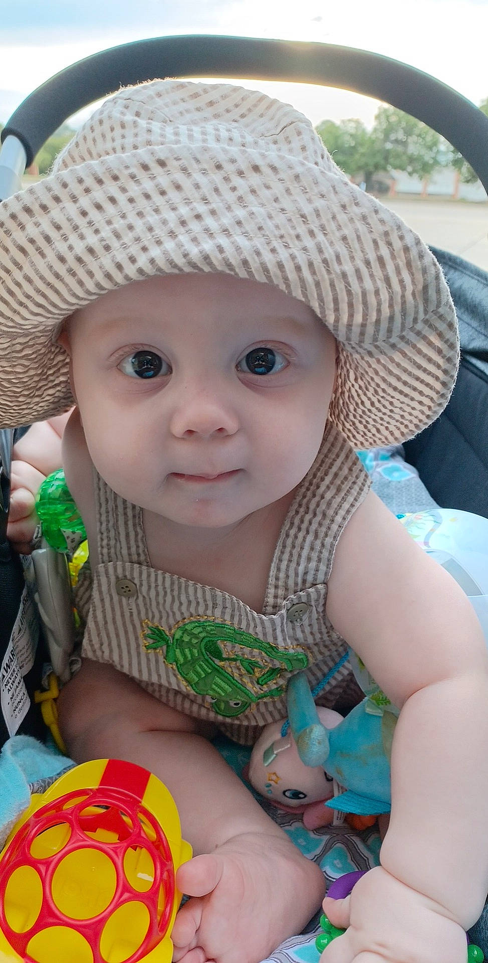 Jesse joined the competition — help win amazing prizes! baby, baby_carriage, baby_products, baby_toddler_clothing, cap, child, dress, eye, fun, grass, happy, hat, headwear, iris, person, photograph, product, skin, smile, sun_hat