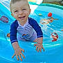 toddler, child, smiling, swimsuit, pool, inflatable_pool, water, outdoor, summer, playful, happy, baby, grass, sunlight, toy_ball, blue, cute, fun, face, hands