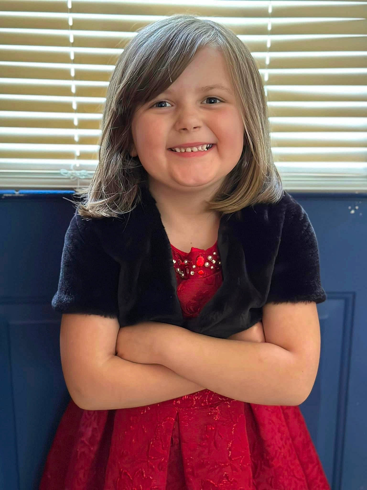 Lillian joined the competition — help win amazing prizes! arm, bangs, blond, day_dress, dress, electric_blue, event, formal_wear, fun, happy, human_body, iris, joy, neck, person, shoulder, sleeve, smile, toddler, trunk