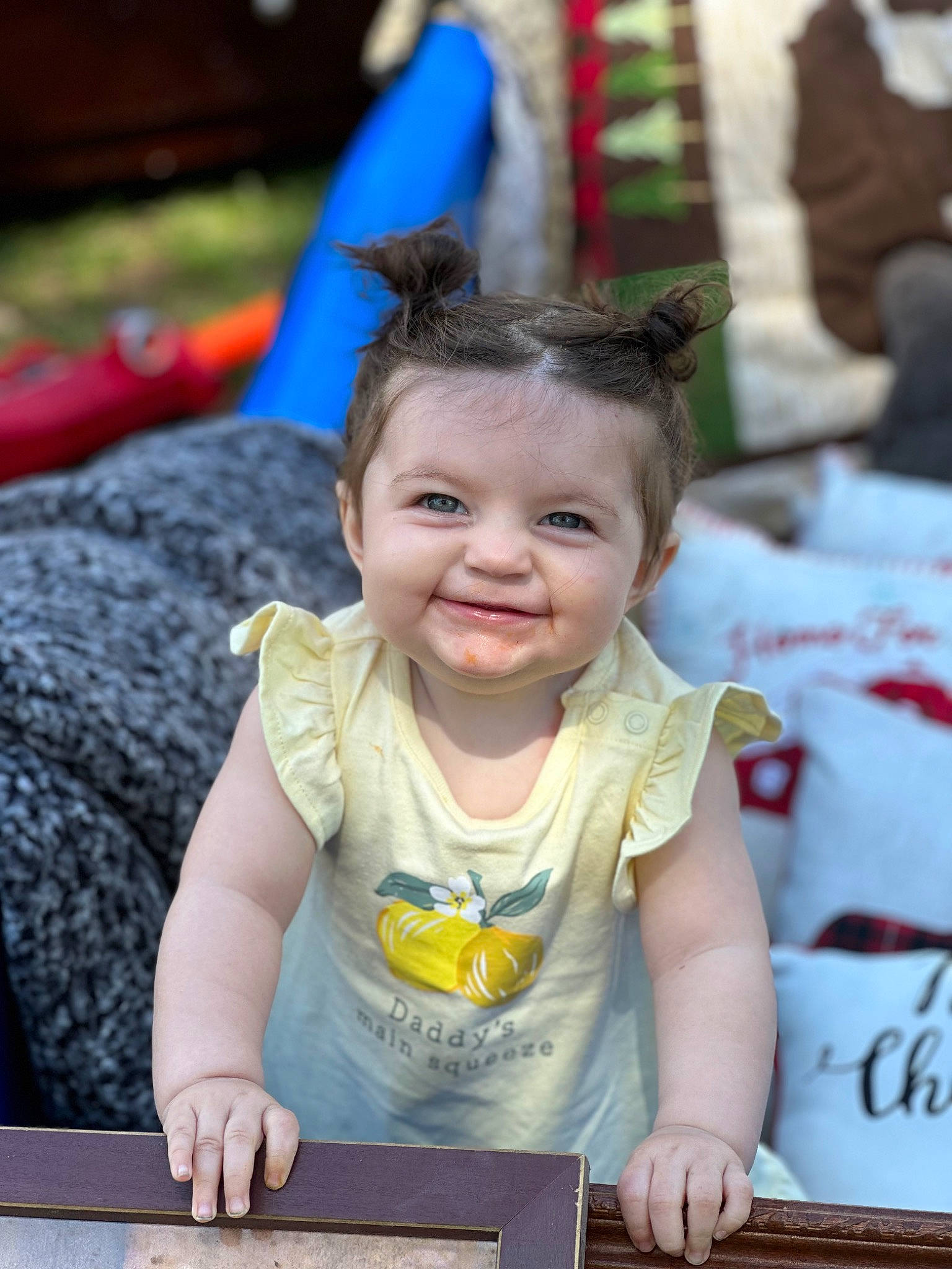 Freyja joined the competition — help win amazing prizes! baby, birthday, child, chin, event, eye, fun, grass, happy, joy, leisure, person, play, recreation, sitting, skin, smile, soil, t_shirt, toddler