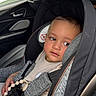 toddler, child, car_seat, car_interior, seat_belt, gray, black, beige_clothing, safety, vehicle, window, side_view, young_child, baby, seat, restraint, indoors, transportation, person, portrait