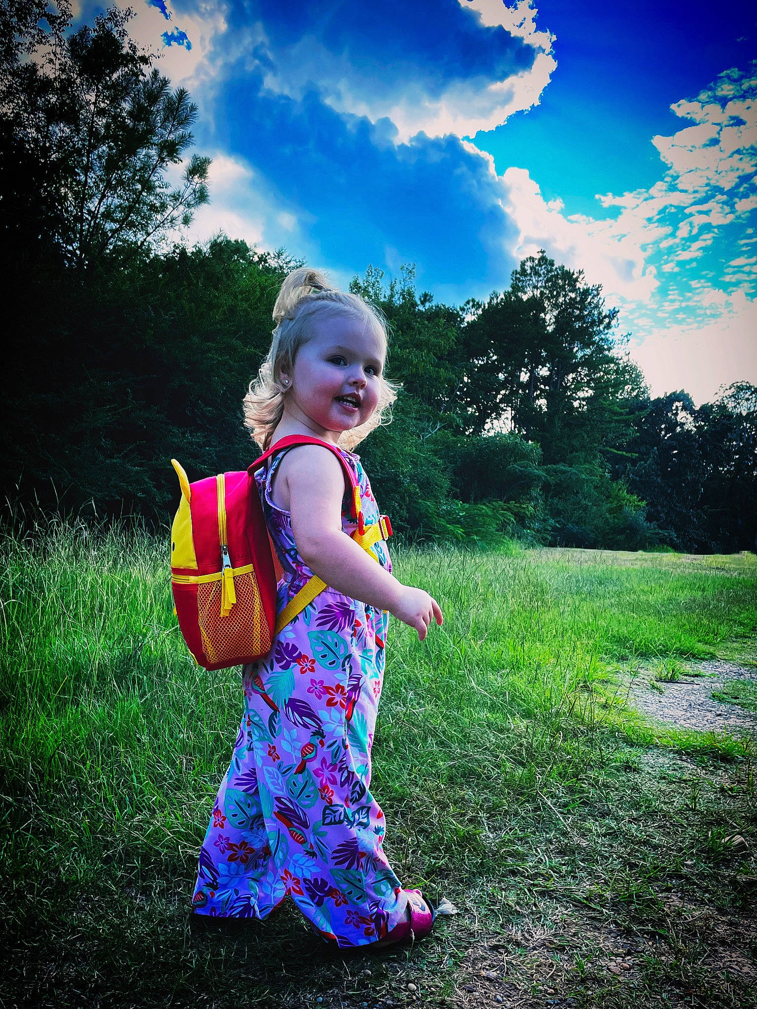 Lilliona is registered to the contest to win money with this photo: baby_toddler_clothing, blue, cloud, dress, flash_photography, grass, grassland, green, happy, leisure, meadow, people_in_nature, person, plant, sky, smile, summer, sunlight, tints_and_shades, toddler