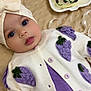 baby, infant, face, eyes, hat, sweater, purple, cream, grapes, knitwear, blanket, cake, heart_shaped, candle, celebration, cute, lying_down, soft_texture, close_up, indoor