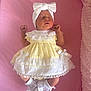 newborn, baby, sleeping, dress, yellow, white, bow, headband, socks, lace, pink, blanket, infant, cute, portrait, resting, soft, cozy, child, clothing