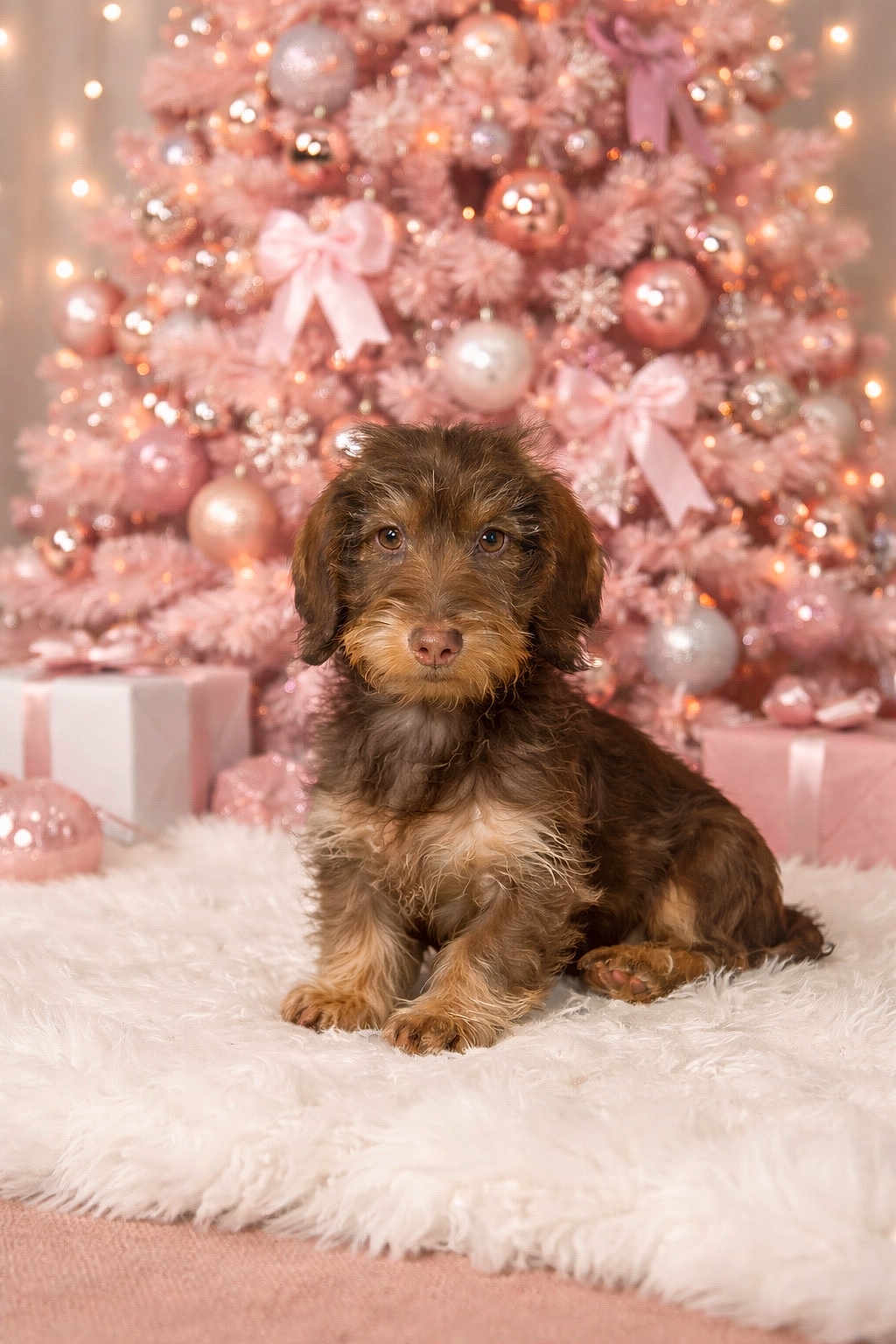 Pop a rejoint le concours — aidez-le/la à gagner de superbes lots ! puppy, dog, christmas_tree, ornaments, pink, gift_boxes, present, holiday, festive, decorations, fur, cute, pet, animal, indoors, soft_rug, christmas_lights, winter, celebration, cozy