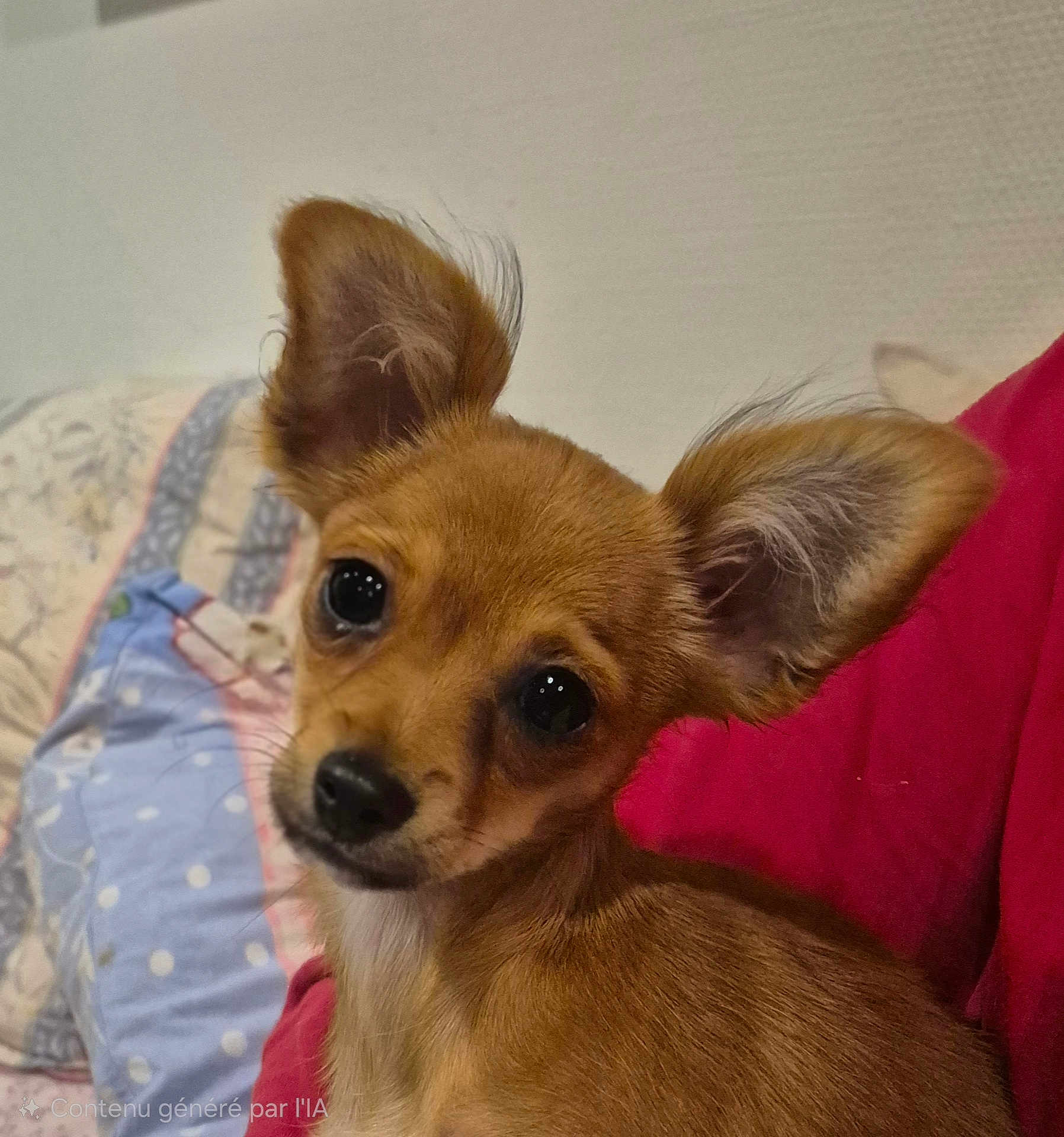 Fifi a rejoint le concours — aidez-le/la à gagner de superbes lots ! dog, puppy, small_dog, ears, brown_fur, cute, pet, indoor, bed, blanket, cozy, looking_at_camera, animal, young_dog, fur, face, snout, domestic_animal, companion, portrait