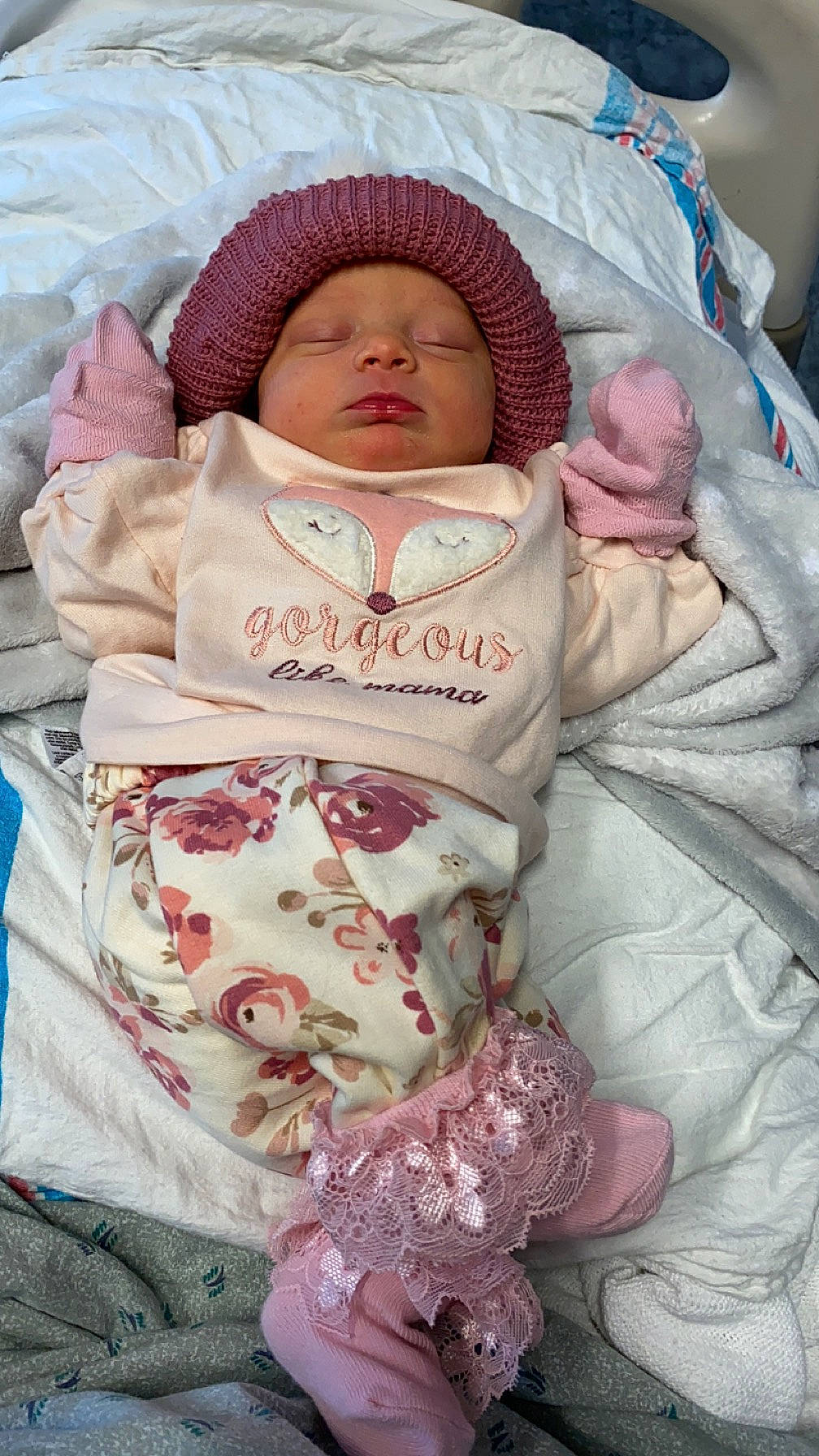 Miley joined the competition — help win amazing prizes! baby, baby_products, baby_safety, baby_sleeping, baby_toddler_clothing, bedding, cheek, child, comfort, face, headwear, infant_bed, linens, pattern, peach, person, pink, room, skin, sleeve