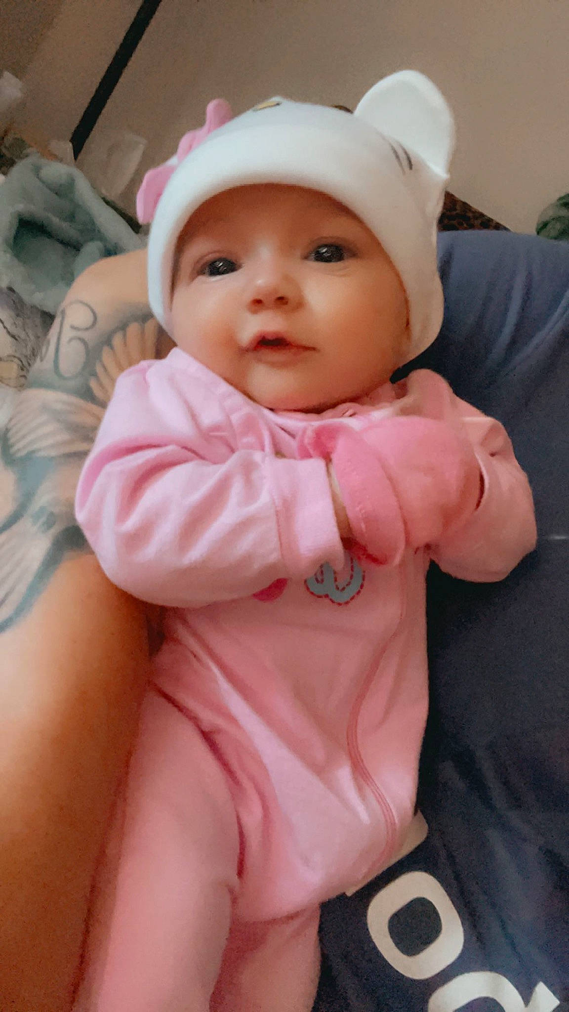 Genevieve joined the competition — help win amazing prizes! baby, baby_products, baby_safety, baby_toddler_clothing, cap, cheek, child, comfort, eye, eyebrow, eyelash, fashion_accessory, gesture, happy, headwear, lip, person, pink, skin, sleeve