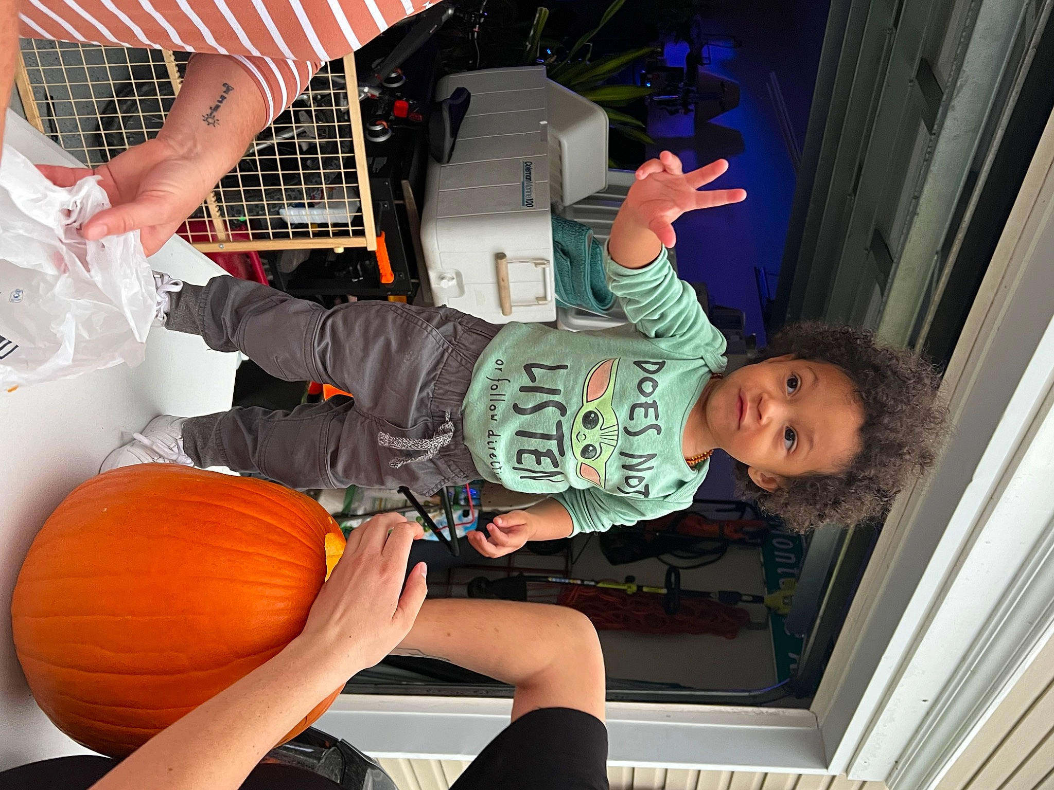 Graysen joined the competition — help win amazing prizes! arm, baby_toddler_clothing, calabaza, child, cucurbita, fruit, fun, gourd, hand, natural_foods, people, person, plant, pumpkin, squash, t_shirt, thigh, tire, toddler, vegetable
