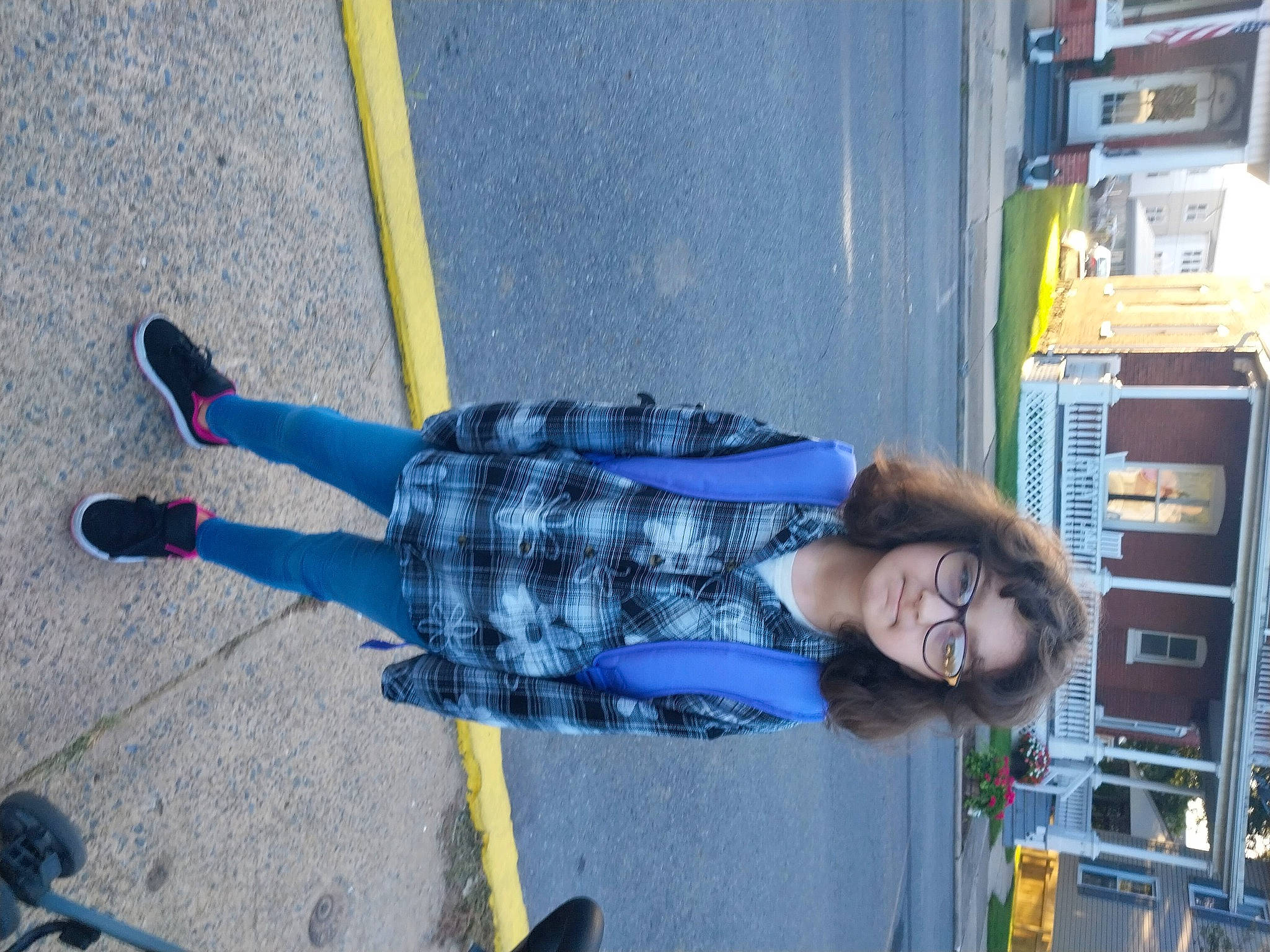 Hailey joined the competition — help win amazing prizes! asphalt, city, concrete, electric_blue, flooring, fun, human_leg, pattern, pedestrian, person, plaid, road, road_surface, shadow, sidewalk, smile, street, tire, travel, walking_shoe